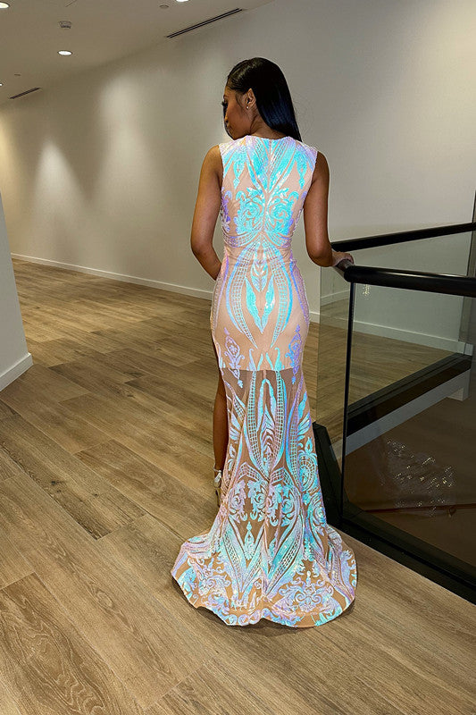 Laser Light Sleeveless Mermaid Princess Prom Dress with Split Trumpet Crew Neck