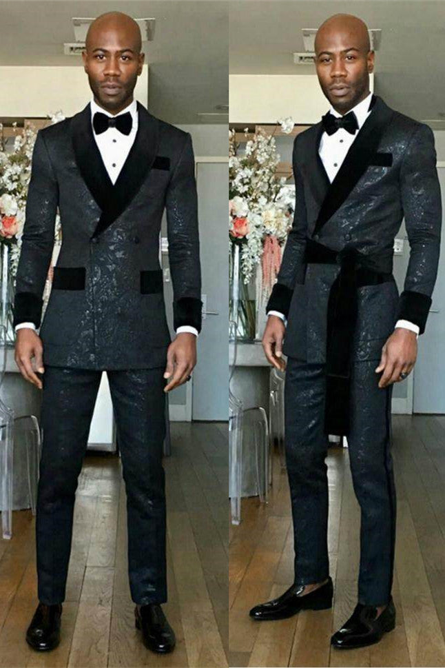 Kingston Black Shawl Lapel Double Breasted Slim Fit Wedding Groom Suits