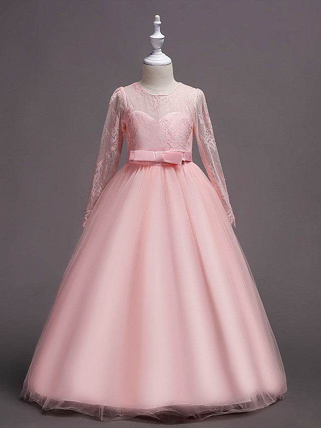 Long Sleeve Jewel Neck Lace Satin Tulle Flower Girl Dress with Lace Belt