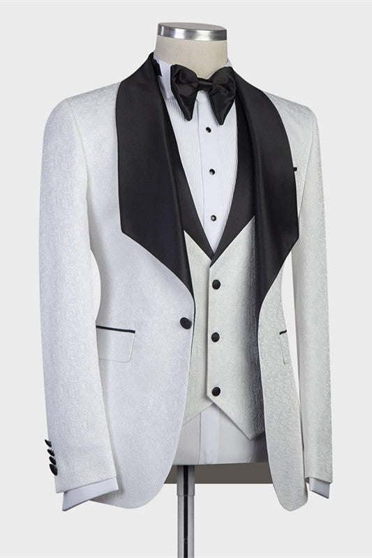 Paxton White Jacaquard Wedding Suits with Black Shawl Lapel