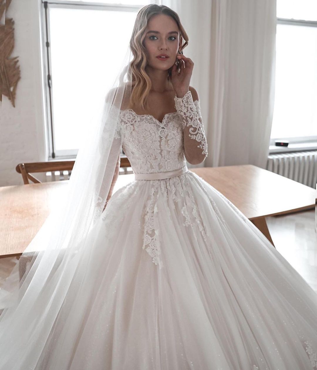 Gorgeous Lace Tulle Sleeves Long Ball Gowns Wedding Dresses