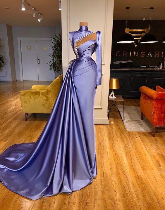 High Neck Long Sleeves Prom Dress with Beadings and Ruffles