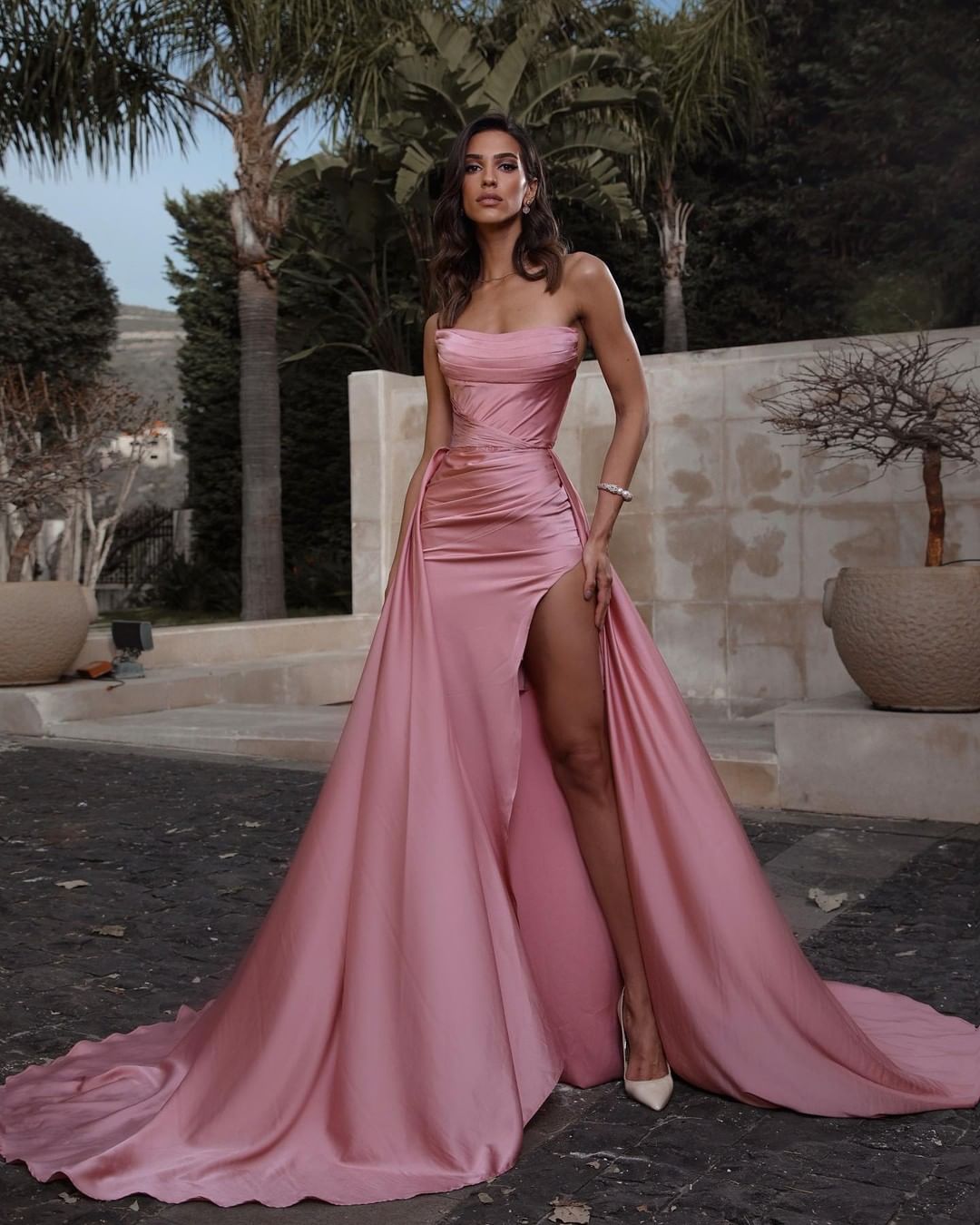 Pink Strapless Slit Sleeveless Prom Dress With Detachable Skirt