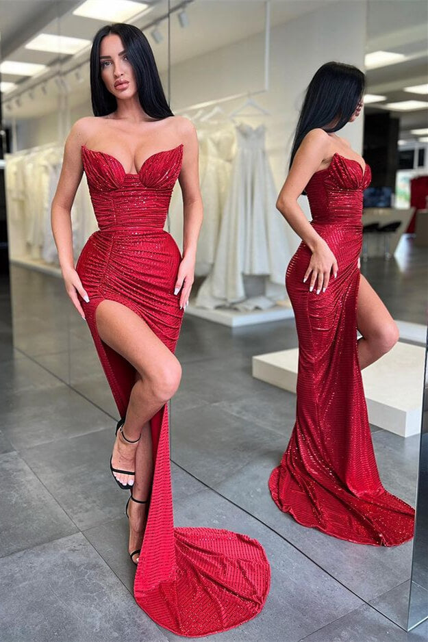 Stunning Burgundy Sequins Long Sleeveless Mermaid Prom Dress with Split