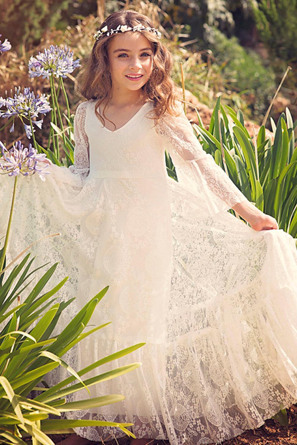 A-line V-neck Long Sleeves Flower Girl Dress with Lace Appliques