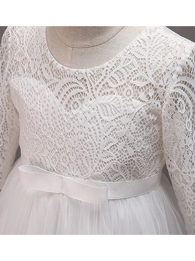 Half Sleeve Lace Tulle Jewel Neck Floor Length Flower Girl Dress With Cotton Belt