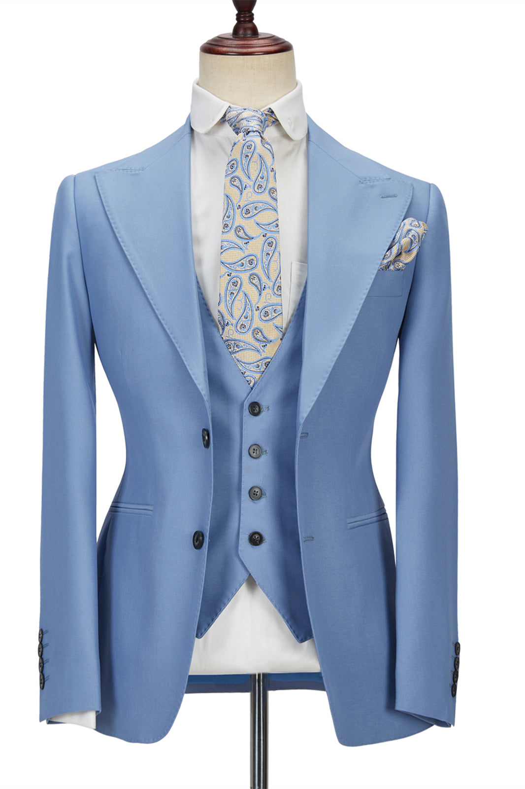 Gorgeous Blue Three Pieces Homecoming Suits with Peak Lapel Without Flap