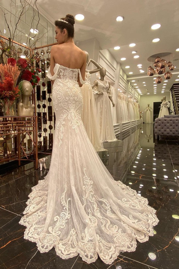 Gorgeous Long Mermaid Off-the-shoulder Wedding Dress with Tulle Lace