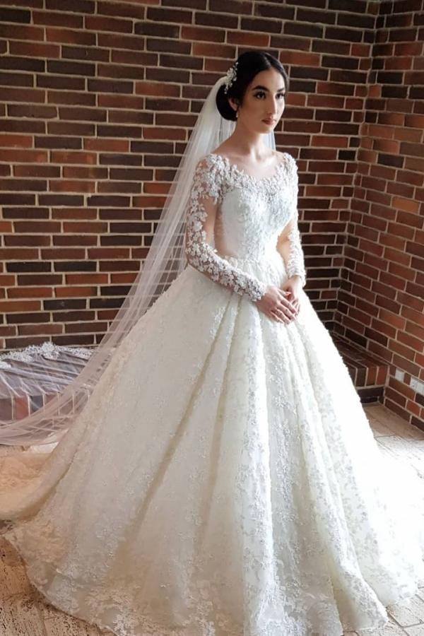 Elegant Princess Lace Wedding Dresses with Long Sleeves