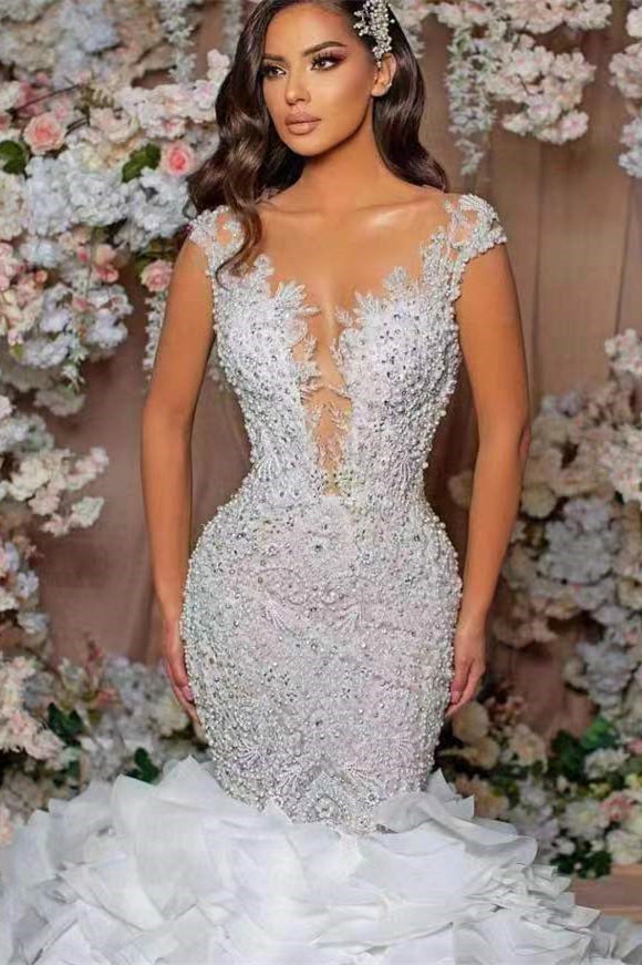 Glamorous Mermaid Lace Appliques Wedding Dress with Cap Sleeves & Ruffle