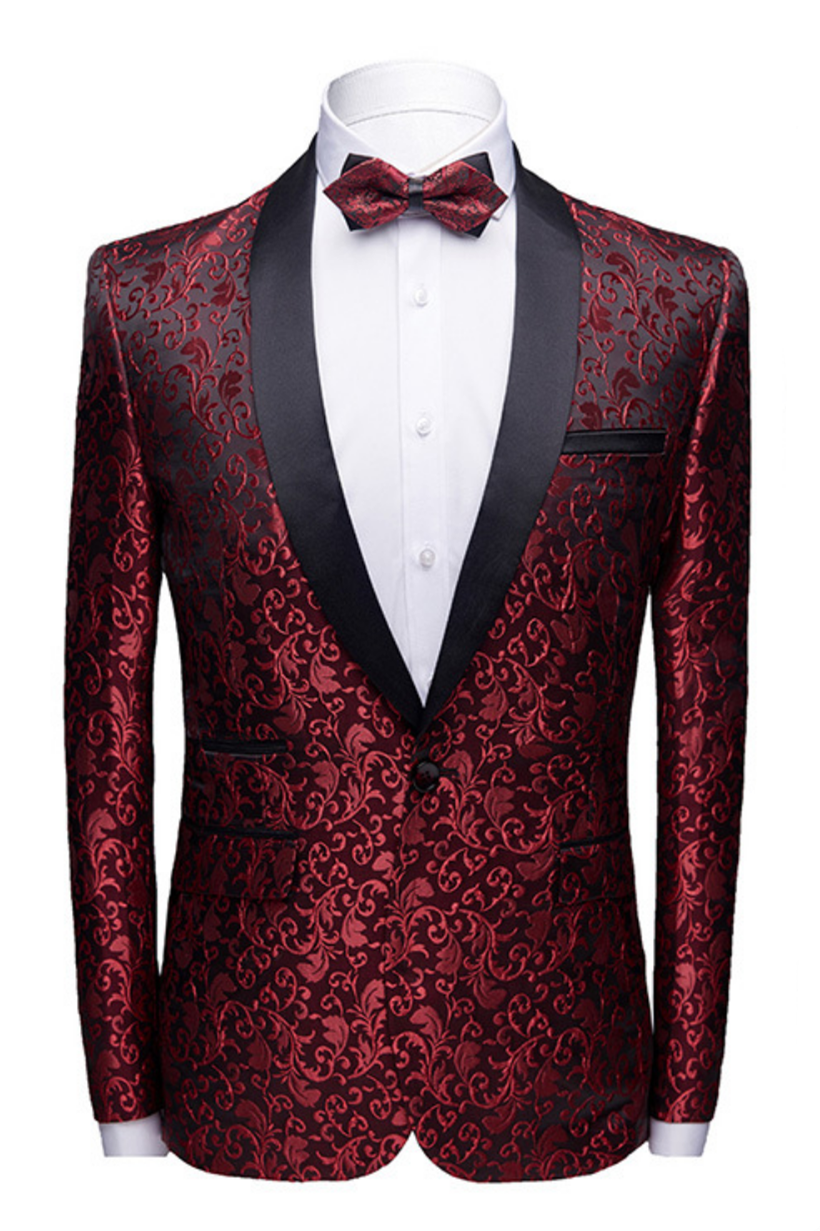 Classic Burgundy Jacquard Shawl Lapel Wedding Tuxedos with Black Satin