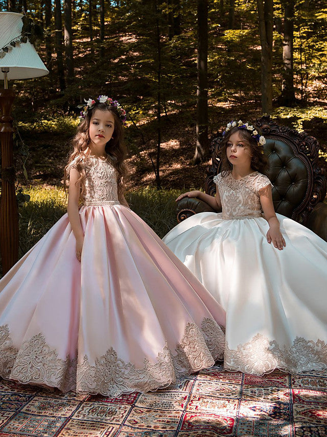 Elegant Cap Sleeve Jewel Neck Ball Gown Flower Girl Dresses with Lace Satin and Acrylic Appliques