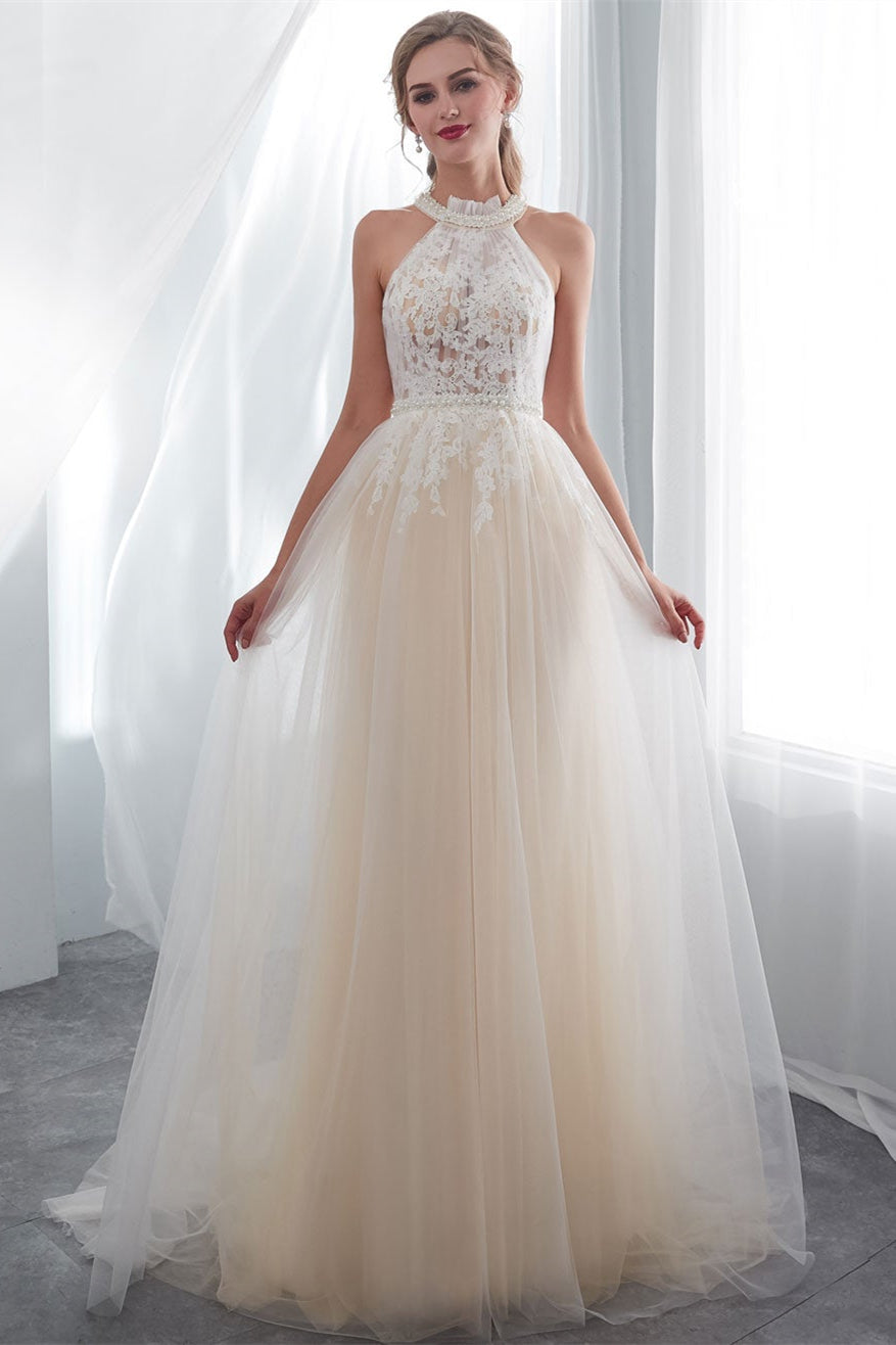 Elegant Tulle Wedding Dress with High Neck Appliques