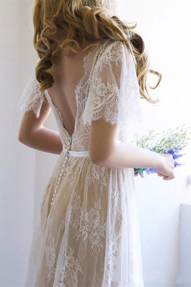 Lace Boho Short Sleeves Wedding Dress