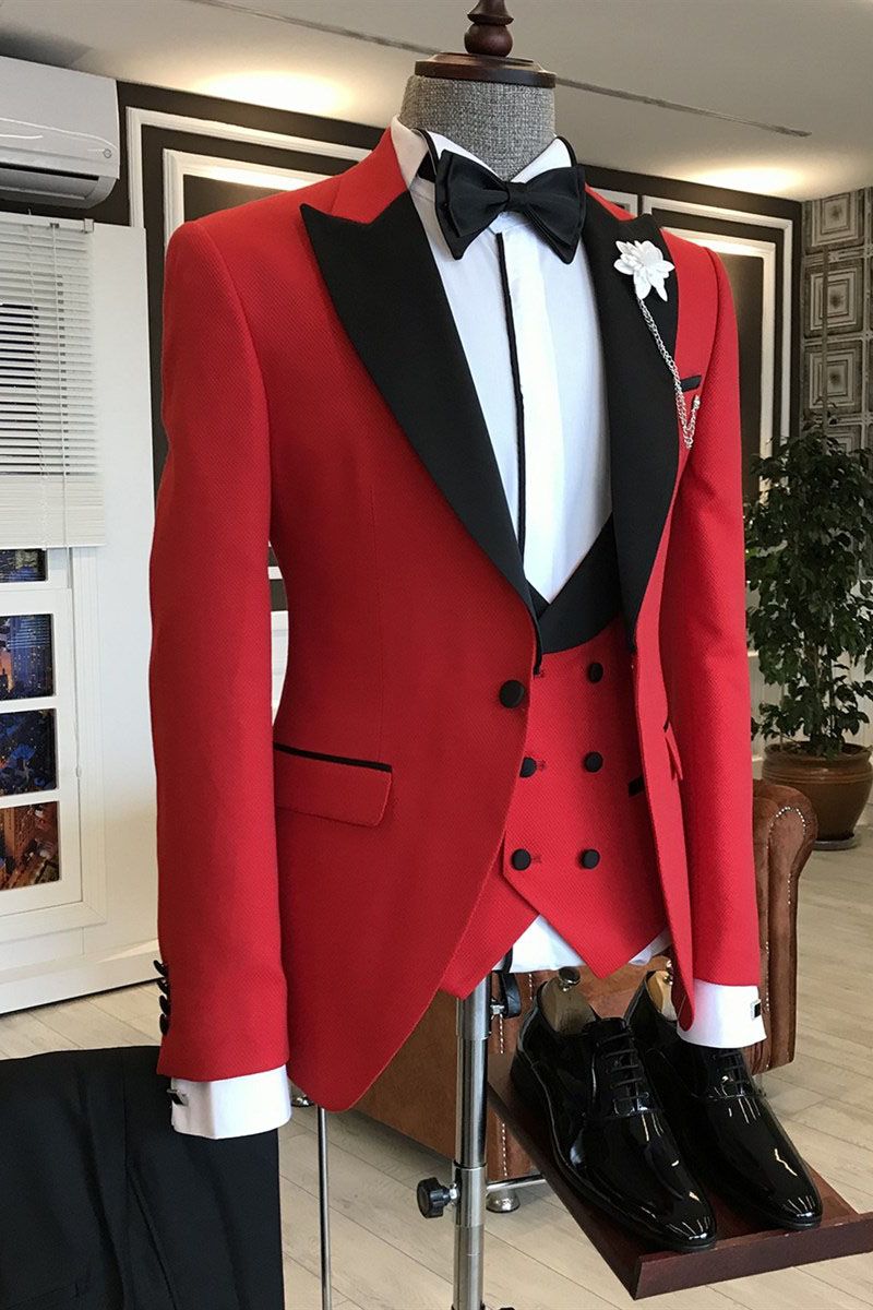 Look Sharp in the 2022 Popular Red Three Pieces Mens Wedding Suit with Black Peaked Lapel