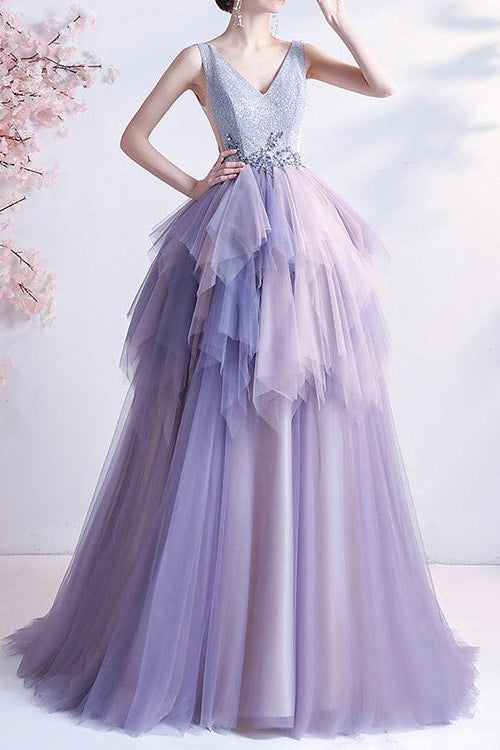 V-Neck Tulle Layered Prom Dress With Beads Online - Sleeveless Long