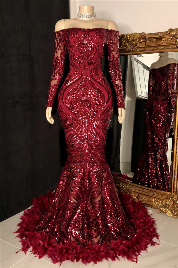 Mermaid Prom Dress with Burgundy Sequins and Feather ¨C Long Sleeves