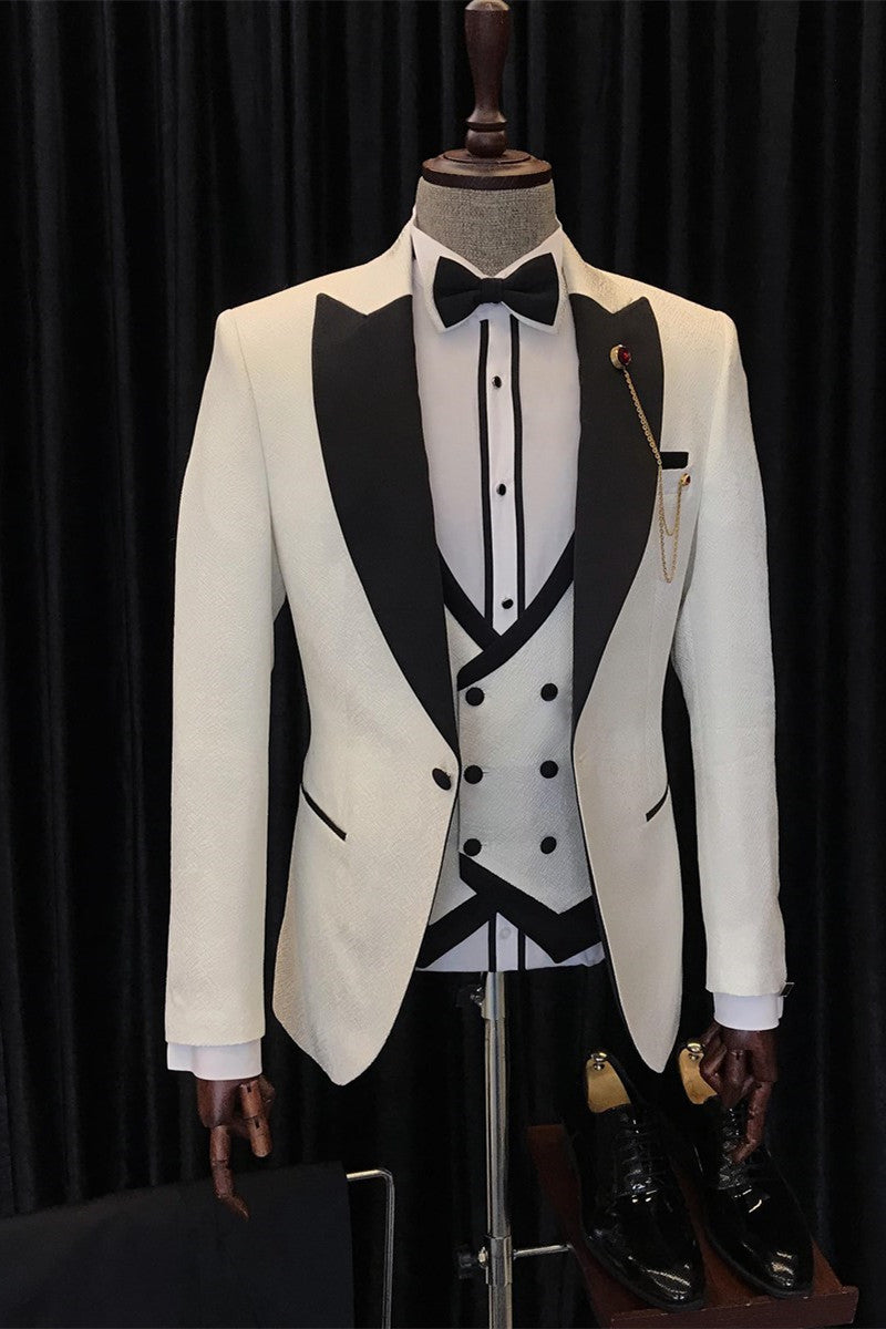 White Three Pieces Wedding Men Suits with Black Peaked Lapel by Antony Fashion