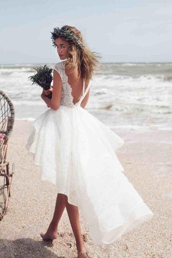 A-line Bateau Lace Beach Wedding Dress with Boho Hi-Lo Sleeveless