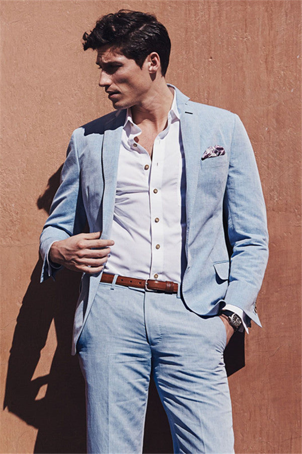 Sky Blue Summer Linen Beach Wedding Suits For Men - 2 Piece Set