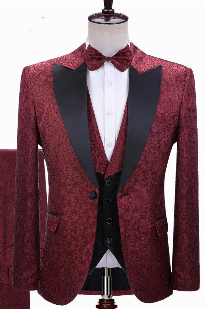 Elegant Burgundy Jacquard Wedding Tuxedo with Lapel Detail