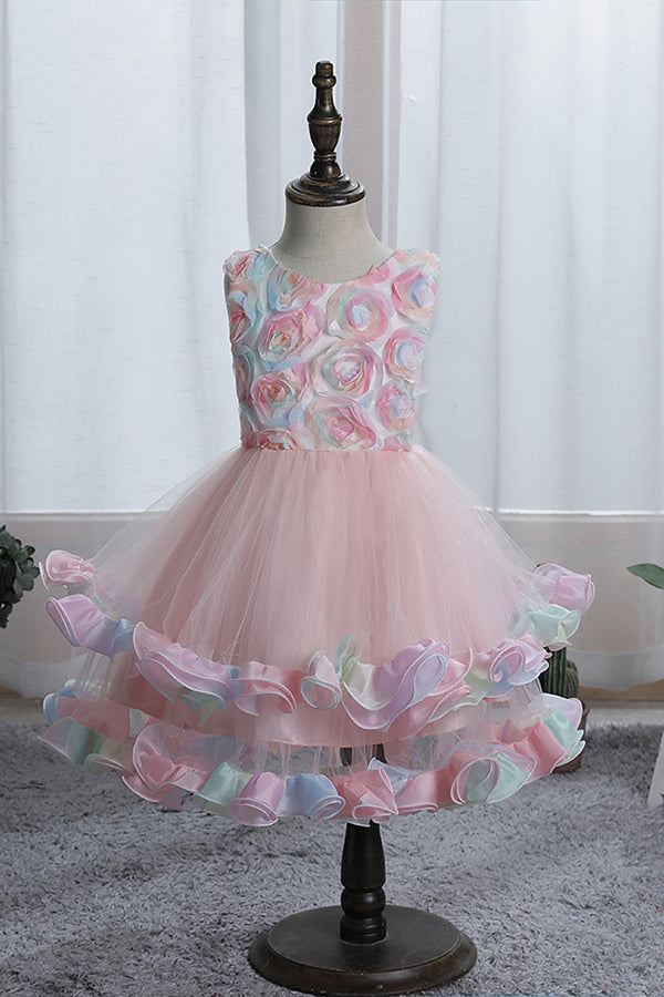 Princess Floral Jewel Sleeveless Flower Girl Dress with Tulle Appliques