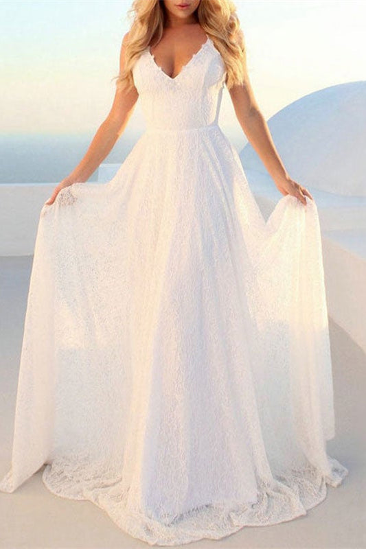 Modern V-Neck Lace Beach Wedding Dress