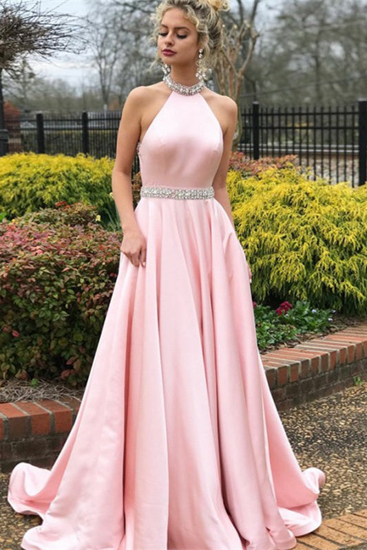 Halter Sleeveless Mermaid Prom Dress in Pink with Beads