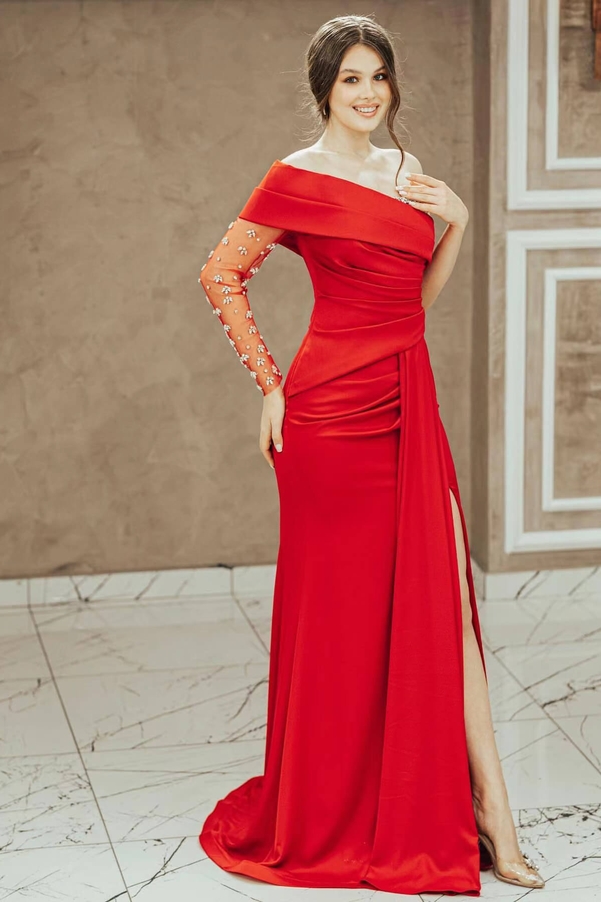 Red One Shoulder Prom Dress with Beadings and Split Mermaid Long Sleeves