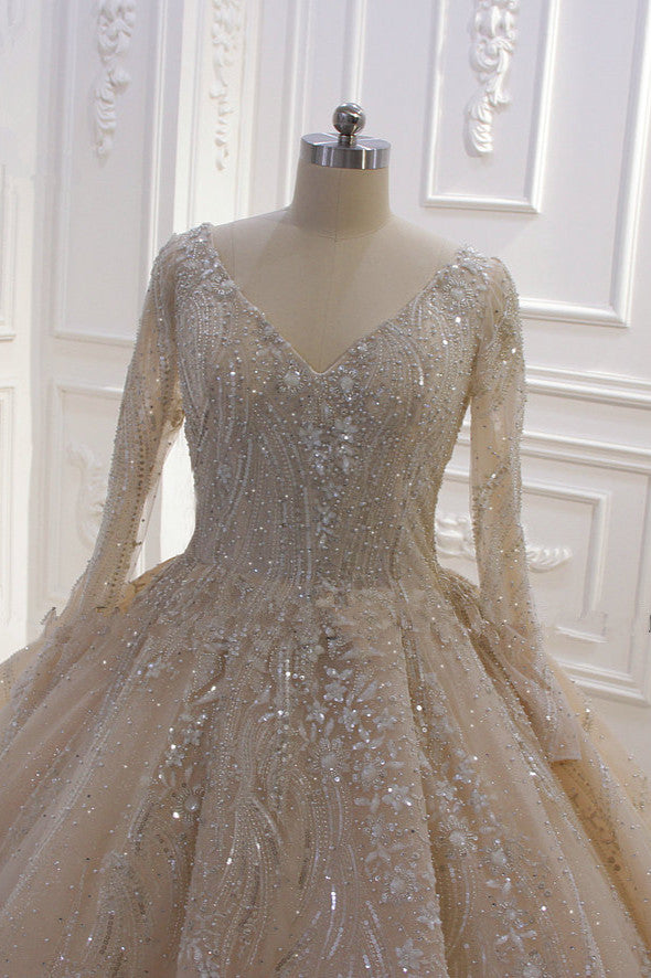 Glamorous Long Sleeves V-neck Ball Gown Wedding Dress With Sequins Beading Ruffles