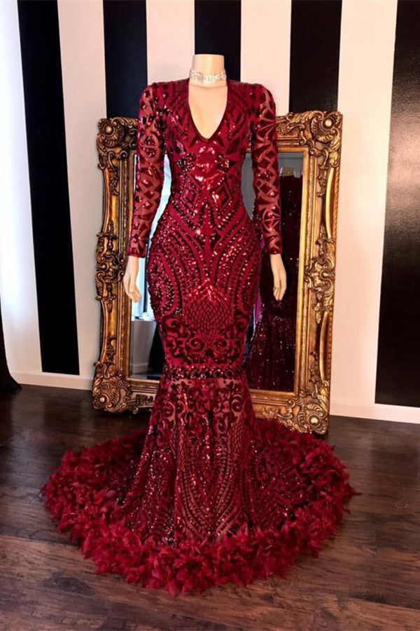 Sequined Burgundy Mermaid Prom Dress with Long Sleeves