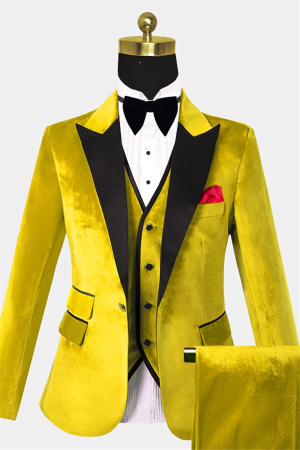 Chic Yellow Velvet Three Piece Slim Fit Tuxedo for Men