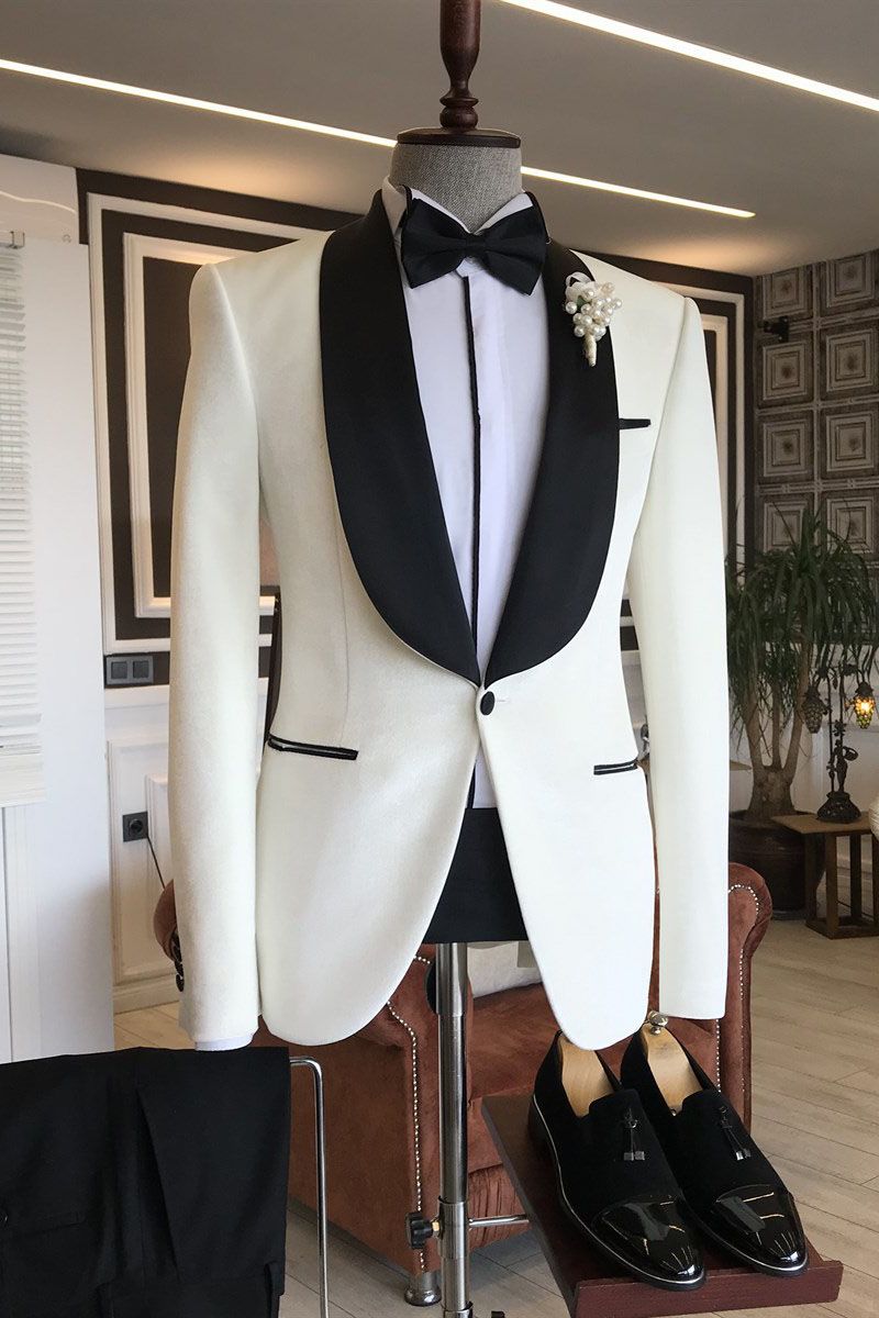 Simple White Lapel Shawl Suit for Grooms by Michael