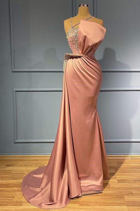 Pink Mermaid Spaghetti-Straps Prom Dress With Beads