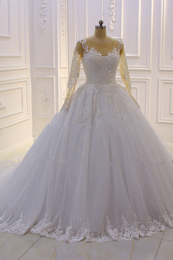 Gorgeous Bateau Long Sleeves Lace A-Line Wedding Dress with Pearl Tulle Appliques