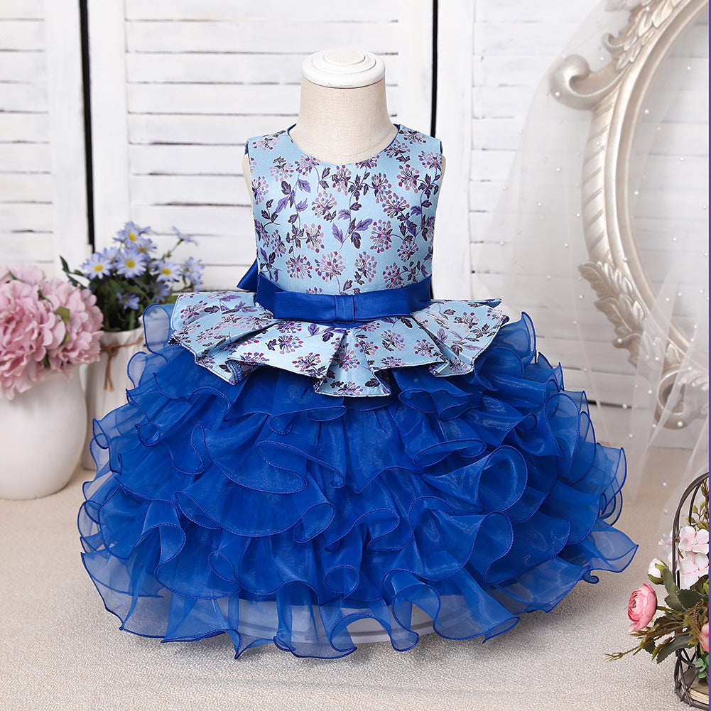 Purple Jewel Sleeveless Floor Length Flower Girl Dress with Ruffles Print