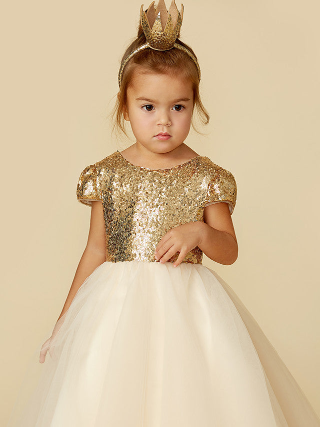 Princess Short Sleeve Jewel Neck Flower Girl Dress with Tulle Sequined Sash & Ribbon Sequin