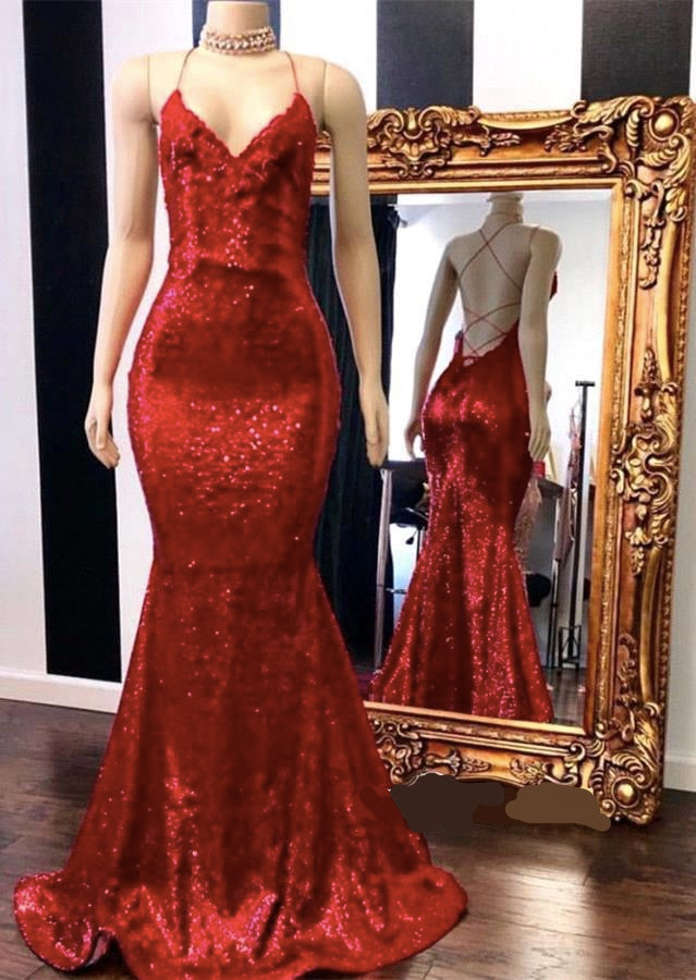 Mermaid Red Long Prom Dress with Sequins and Spaghetti Straps