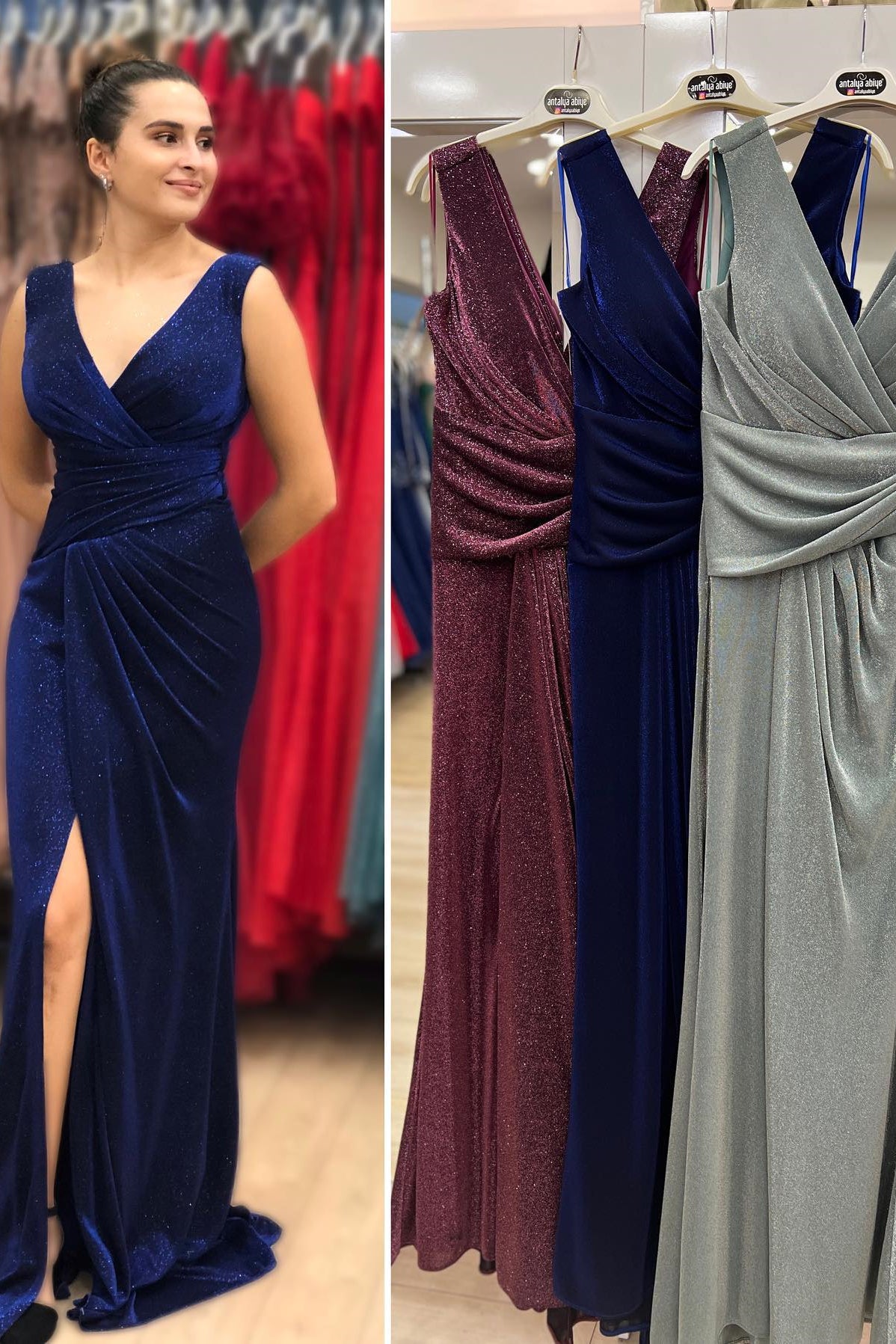 Blue V Neck Long Mermaid Prom Dress With Slit