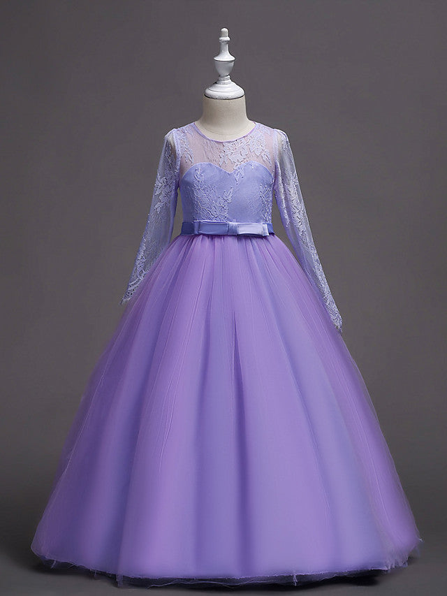 Long Sleeve Jewel Neck Lace Satin Tulle Flower Girl Dress with Lace Belt