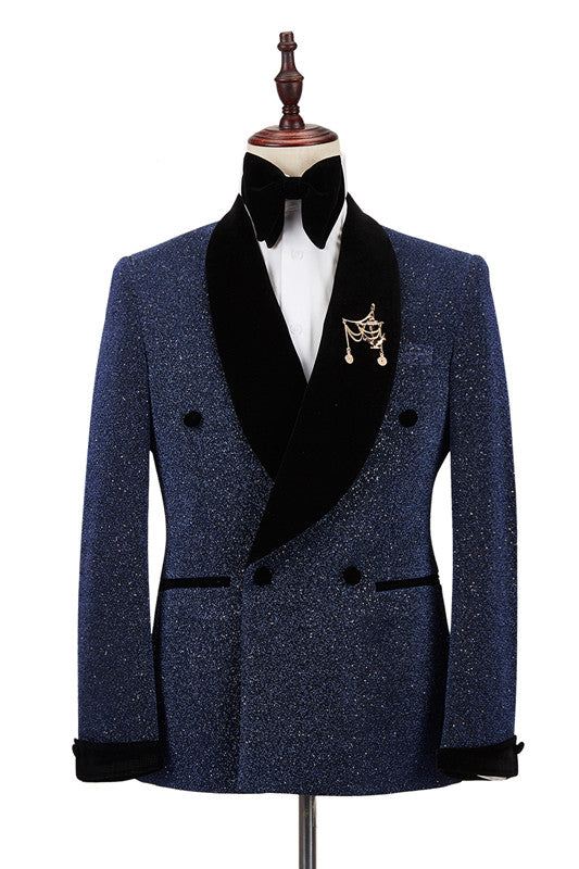 Dark Navy Black Prince Suit for Wedding with Double Breasted Shawl Lapel