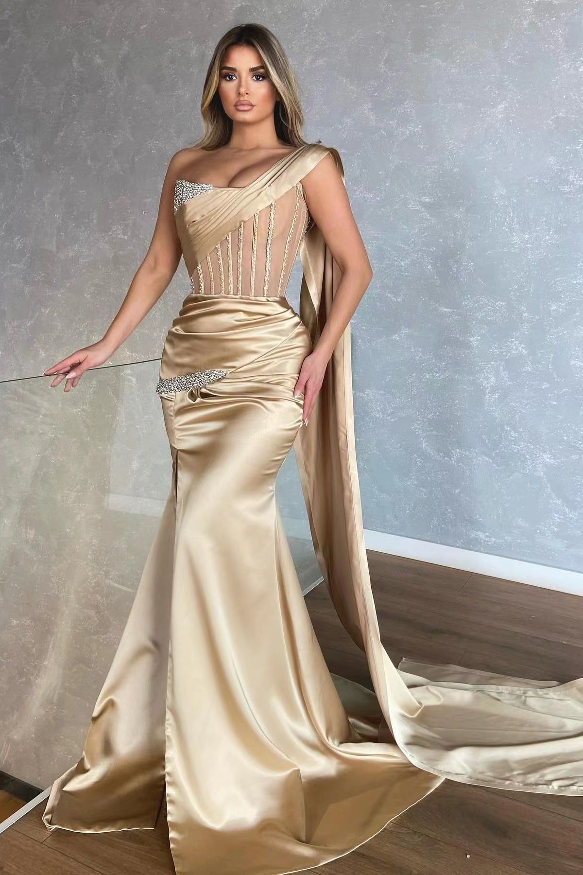 One Shoulder Sleeveless Mermaid Prom Dress with Slit Ruffles - Champagne