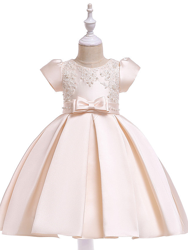 A-Line Knee Length Cotton Blend Short Sleeve Jewel Neck Dress with Petal Sash Ribbon and Pearls