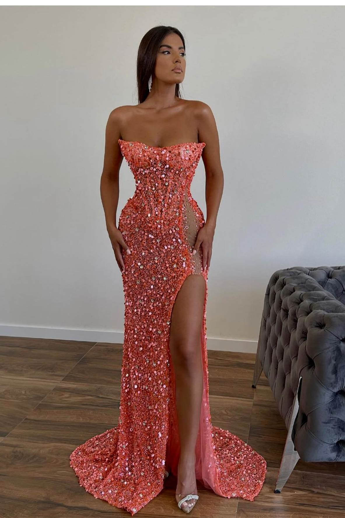 Gorgeous Sequins Mermaid Sweetheart Prom Dress With Sleeveless Orange Split