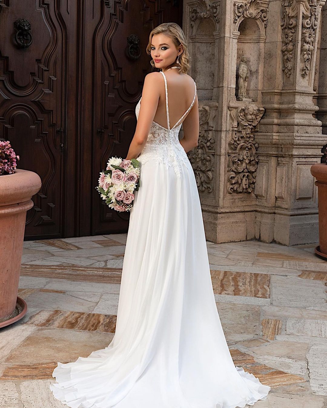 Long A-Line Split V-Neck Wedding Dress with Chiffon Lace