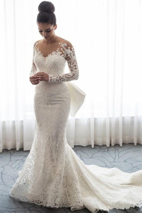 Mermaid Lace Wedding Dress With Bowknot and Detachable Skirt - Long Sleeves