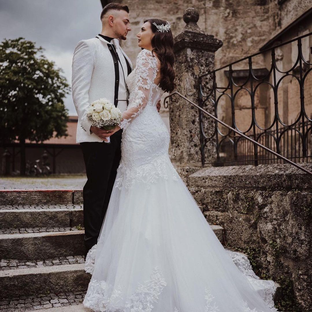 Elegant Lace Mermaid Wedding Dress With Open Back & Sleeves