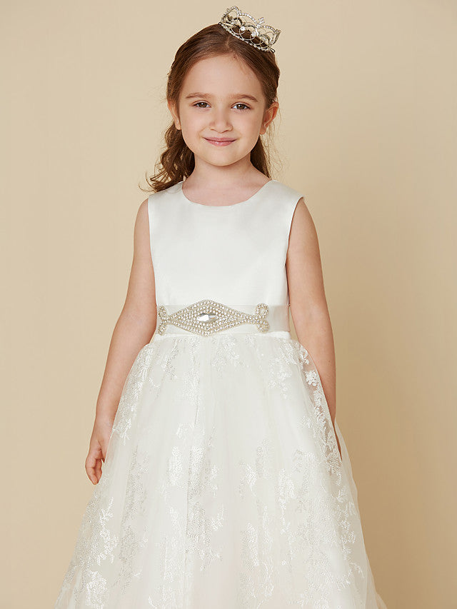 Princess Lace Satin Sleeveless Dress with Sash Bow for Flower Girls
