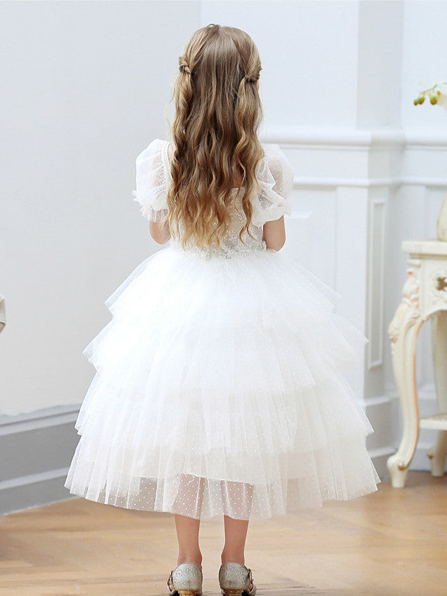 Short Sleeve Square Neck Ball Gown With Cascading Ruffles - Flower Girl Dress Tulle