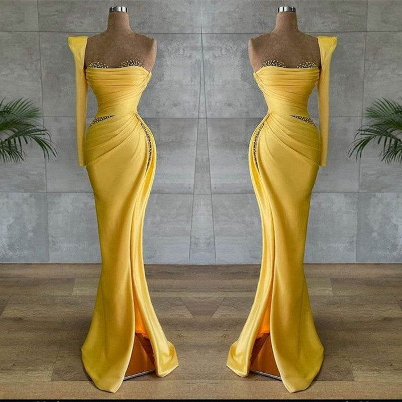 Glamorous Yellow Asymmetrical Prom Dress with Beading